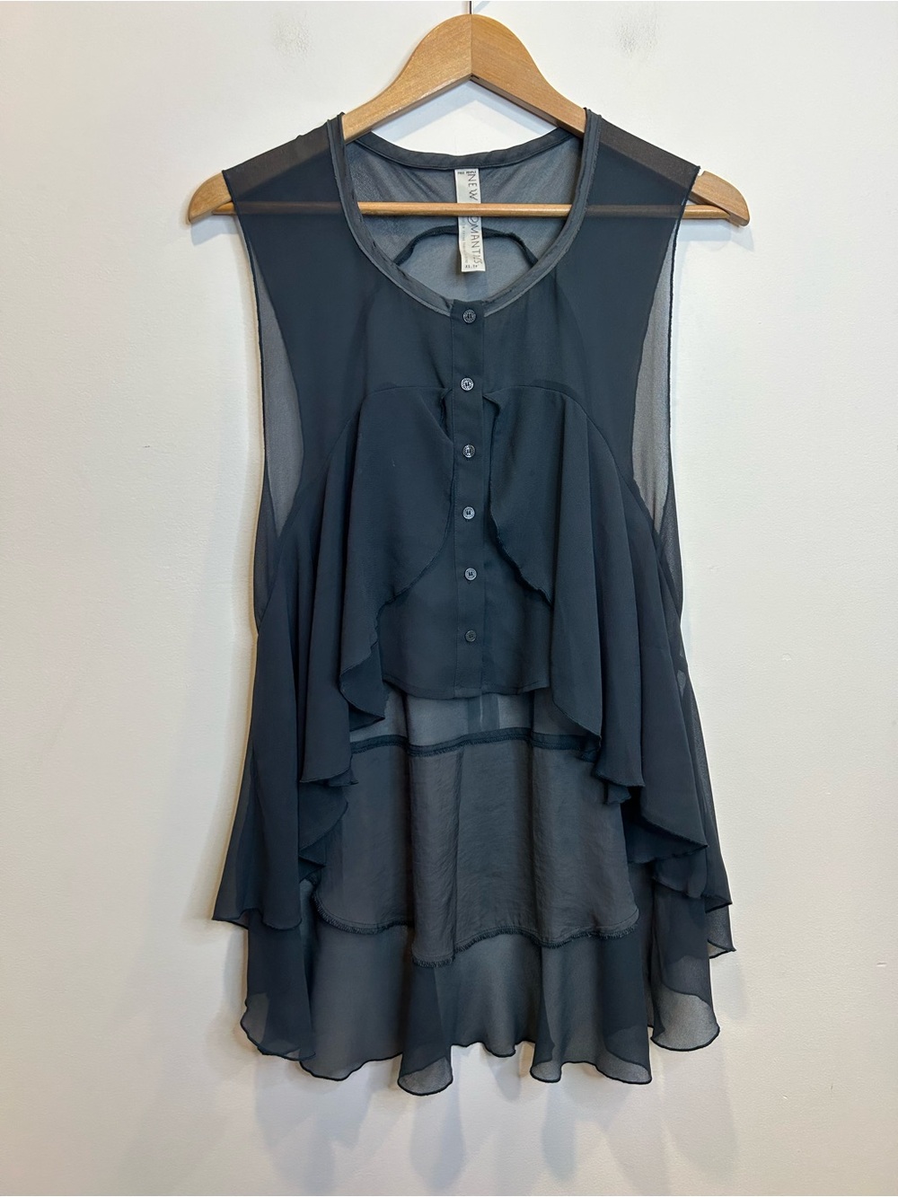 Free People New Romantics Sleeveless Shirt Top Hi Low Hem Sheer Ruffled Blue